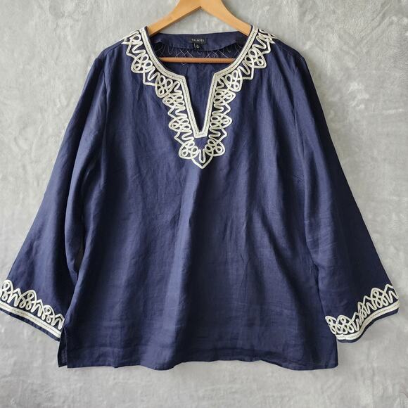 Talbots Linen Top Womens Size XL Ribbon Trim Navy Blue Pullover 100% - Picture 2 of 8
